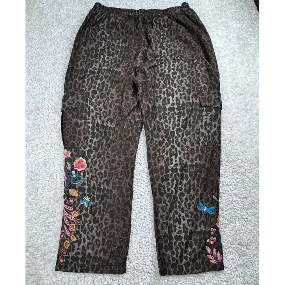 Johnny Was Workshop Shuri Leopard Embroidered Floral Cargo Pant Large